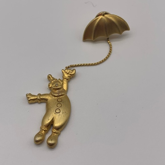 Pins Vintage Signé JJ - Motif Clown Avec Parapluie, Métal Couleur Or Mat, Occasion